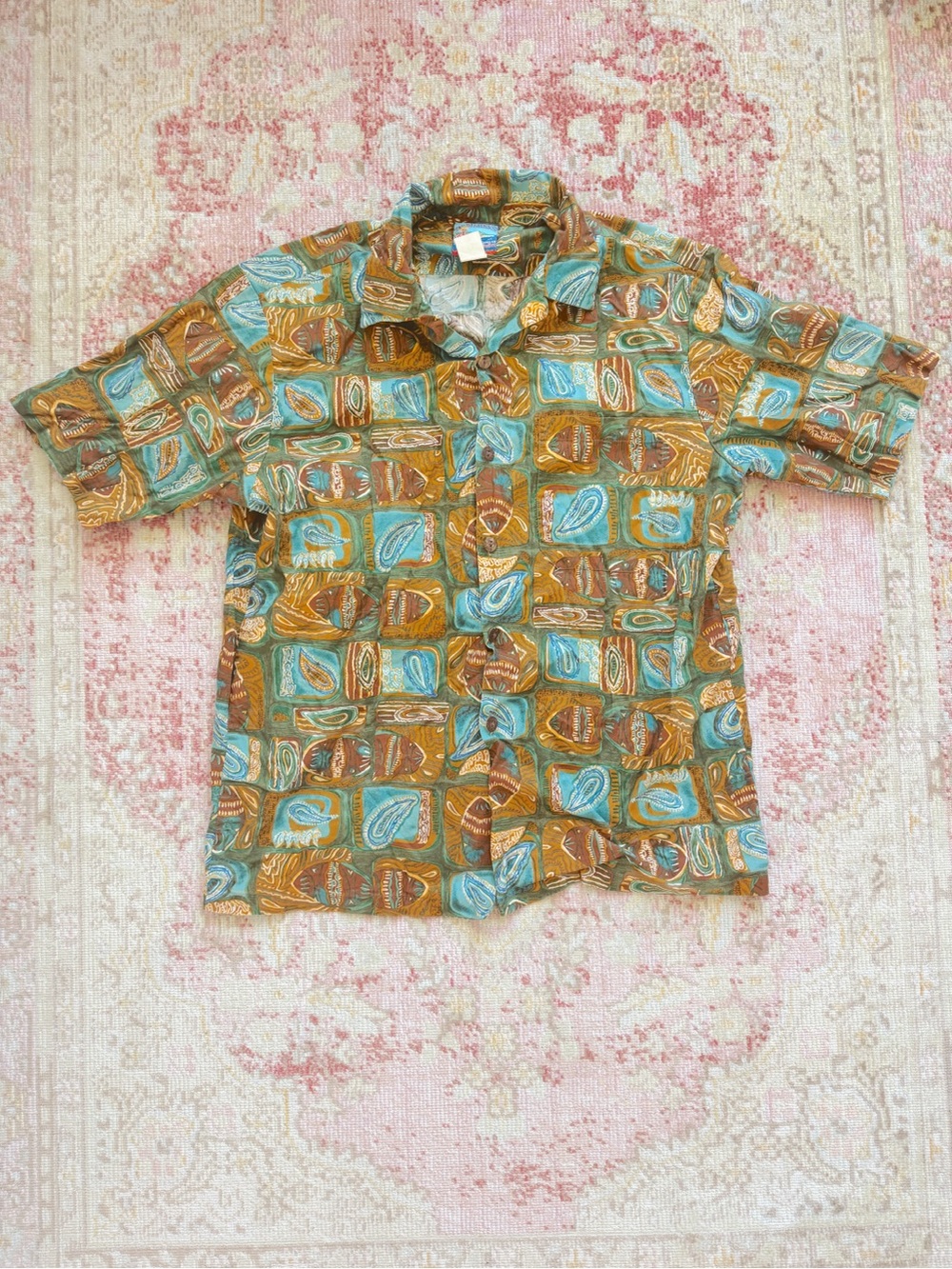 Men's Vintage Short-Sleeve Patterned Button-Up Shirt - Teal & Brown